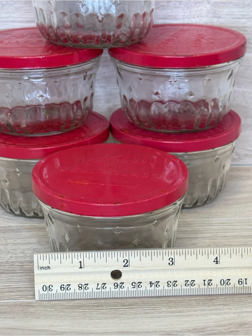 Vintage 1940’s -1950’s Kerr Ribbed Glass Jelly Jam Jars with Red Lids - Set of 6